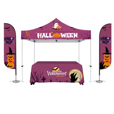 10' X 10' Commercial Grade Steel Frame, Dye Sub Canopy, 11' Feather Flag, & 6' Table Throw