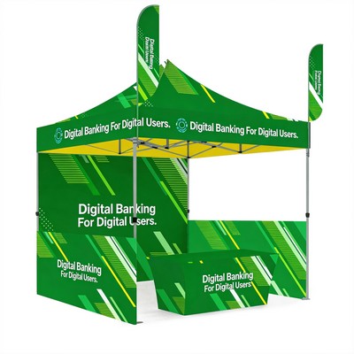 10' Custom Hex Aluminum Canopy Tent Kit with 3 Walls, Two 8' Feather Flags & 6' Table Cover