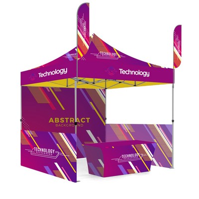 10' X 10' Premium Hex Aluminum Frame, Dye Sub Canopy, 3 Walls, Two 9' Feather Flags & 6' Table Cover